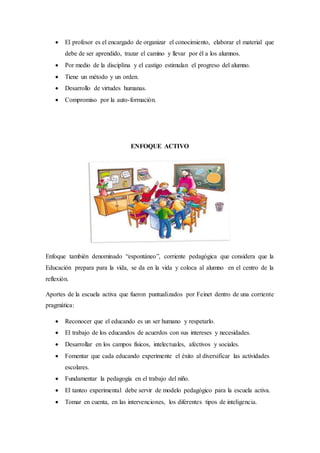  El profesor es el encargado de organizar el conocimiento, elaborar el material que
debe de ser aprendido, trazar el camino y llevar por él a los alumnos.
 Por medio de la disciplina y el castigo estimulan el progreso del alumno.
 Tiene un método y un orden.
 Desarrollo de virtudes humanas.
 Compromiso por la auto-formación.
ENFOQUE ACTIVO
Enfoque también denominado “espontáneo”, corriente pedagógica que considera que la
Educación prepara para la vida, se da en la vida y coloca al alumno en el centro de la
reflexión.
Aportes de la escuela activa que fueron puntualizados por Feinet dentro de una corriente
pragmática:
 Reconocer que el educando es un ser humano y respetarlo.
 El trabajo de los educandos de acuerdos con sus intereses y necesidades.
 Desarrollar en los campos físicos, intelectuales, afectivos y sociales.
 Fomentar que cada educando experimente el éxito al diversificar las actividades
escolares.
 Fundamentar la pedagogía en el trabajo del niño.
 El tanteo experimental debe servir de modelo pedagógico para la escuela activa.
 Tomar en cuenta, en las intervenciones, los diferentes tipos de inteligencia.
 