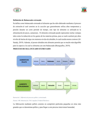 Definición de Balanceado extrusado
Se define como balanceado extrusado al alimento que ha sido elaborado mediante el proceso
de extrusión el cual consiste en la cocción que generalmente utiliza altas temperatura y
presión durante un corto período de tiempo, este tipo de alimento es utilizado en la
alimentación de peces, camarones. El alimento extrusado puede representar ciertas ventajas
tales como la reducción en los gastos de las materias primas, pues se suele sustituir por altos
niveles de harina de trigo con menores niveles de almidón, lo cual resulta menos costoso (Al-
Saiady, 2019). Además, al poseer almidón este alimento permite que se mucho más digerible
para la especie a la cual se alimenta con este balanceado (Bioaquafloc, 2019).
PROCESO DE BALANCEADO EXTRUSADO
Ilustración 1. Diferencia de procesos pellets y extrusionado
Fuentes: MG Alimentación, FAO, Aquafeed, Fishfeed Machinery
La fabricación mediante pellets consiste en comprimir partículas pequeñas en otras más
grandes que se denominan pellets y para llegar a este proceso intervienen humedad,
 