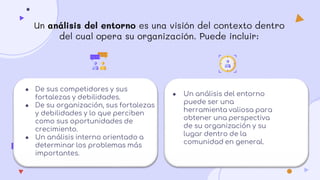 Un análisis del entorno es una visión del contexto dentro
del cual opera su organización. Puede incluir:
● De sus competidores y sus
fortalezas y debilidades.
● De su organización, sus fortalezas
y debilidades y lo que perciben
como sus oportunidades de
crecimiento.
● Un análisis interno orientado a
determinar los problemas más
importantes.
● Un análisis del entorno
puede ser una
herramienta valiosa para
obtener una perspectiva
de su organización y su
lugar dentro de la
comunidad en general.
 