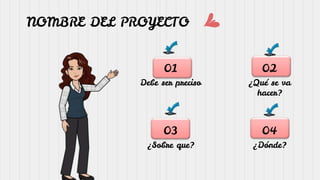 NOMBRE DEL PROYECTO
Debe ser preciso ¿Qué se va
hacer?
¿Sobre que? ¿Dónde?
01 02
03 04
 