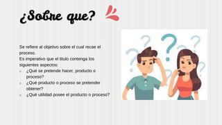¿Sobre que?
Se refiere al objetivo sobre el cual recae el
proceso.
Es imperativo que el titulo contenga los
siguientes aspectos:
o ¿Qué se pretende hacer, producto o
proceso?
o ¿Qué producto o proceso se pretender
obtener?
o ¿Qué utilidad posee el producto o proceso?
 