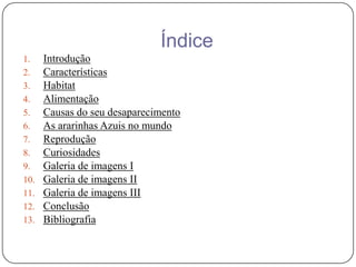 Índice
1.    Introdução
2.    Características
3.    Habitat
4.    Alimentação
5.    Causas do seu desaparecimento
6.    As ararinhas Azuis no mundo
7.    Reprodução
8.    Curiosidades
9.    Galeria de imagens I
10.   Galeria de imagens II
11.   Galeria de imagens III
12.   Conclusão
13.   Bibliografia
 