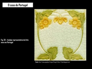 Fonte:  http://www.google.pt/imgres?imgurl=http://4.bp.blogspot.com Fig. 33 – Azulejo representativo da Arte nova em Portugal O caso de Portugal 