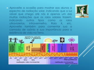  Aproveite a ocasião para mostrar aos alunos o
espectro de radiação solar, indicando que a luz
visível que chega até nós é apenas um das
muitas radiações que os raios solares trazem,
indicando outros tipos como os raios
ultravioletas, infravermelho, Raio X, etc.
Aproveite também para comentar sua a
camada de ozônio e sua importância para a
existência de vida na Terra.
 