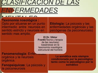 CLASIFICACIÓN DE LAS
ENFERMEDADES
MENTALESTaxonomía nosológica :
Opto por situarse en un punto
intermedio entre neurosis en
sentido estricto y neurosis en
sentido mas amplio.
Etiología: La psicosis y las
enfermedades orgánicas y las
psicógenas (la psiconeurosis)
Fenomenología: Enfermedad
orgánica y la neurosis
orgánica.
Fenopsìquicas: La psicosis y
la psiconeurosis
La somática esta siempre
condicionada por la psicológico
tanto como lo psicológico por lo
somático
El Dr. Viktor
Frankl(Teorìa y terapia
de las neurosis)
basándose en la
taxonomía nosológica
estructural del hombre
 