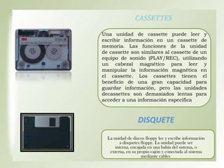 CASSETTES
Una unidad de cassette puede leer y
escribir información en un cassette de
memoria. Las funciones de la unidad
de cassette son similares al cassette de un
equipo de sonido (PLAY/REC), utilizando
un cabezal magnético para leer y
manipular la información magnética en
el cassette. Los cassettes tienen el
beneficio de una gran capacidad para
guardar información, pero las unidades
decassettes son demasiados lentas para
acceder a una información específica

DISQUETE
La unidad de discos floppy lee y escribe información
a disquetes floppy. La unidad puede ser
interna, encajada en una bahía del sistema, o
externa, en su propio cajón y conectada al sistema
mediante cables.

 