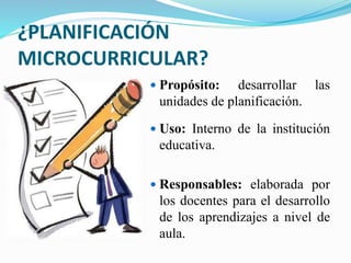 ¿PLANIFICACIÓN
MICROCURRICULAR?
 Propósito: desarrollar las
unidades de planificación.
 Uso: Interno de la institución
educativa.
 Responsables: elaborada por
los docentes para el desarrollo
de los aprendizajes a nivel de
aula.
 
