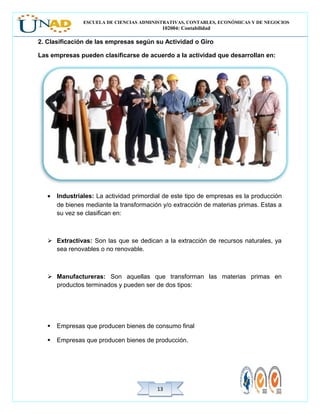 ESCUELA DE CIENCIAS ADMINISTRATIVAS, CONTABLES, ECONÓMICAS Y DE NEGOCIOS
102004: Contabilidad
1313
2. Clasificación de las empresas según su Actividad o Giro
Las empresas pueden clasificarse de acuerdo a la actividad que desarrollan en:
• Industriales: La actividad primordial de este tipo de empresas es la producción
de bienes mediante la transformación y/o extracción de materias primas. Estas a
su vez se clasifican en:
 Extractivas: Son las que se dedican a la extracción de recursos naturales, ya
sea renovables o no renovable.
 Manufactureras: Son aquellas que transforman las materias primas en
productos terminados y pueden ser de dos tipos:
 Empresas que producen bienes de consumo final
 Empresas que producen bienes de producción.
 