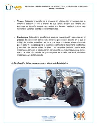 ESCUELA DE CIENCIAS ADMINISTRATIVAS, CONTABLES, ECONÓMICAS Y DE NEGOCIOS
102004: Contabilidad
1313
• Ventas: Establece el tamaño de la empresa en relación con el mercado que la
empresa abastece y con el monto de sus ventas. Según este criterio una
empresa es pequeña cuando sus ventas son locales, mediana cuando son
nacionales y grande cuando son internacionales.
• Producción: Este criterio se refiere al grado de maquinización que existe en el
proceso de producción; así que una empresa pequeña es aquella en la que el
trabajo del hombre es decisivo, es decir, que su producción es artesanal aunque
puede estar mecanizada; pero si es así generalmente la maquinaria es obsoleta
y requiere de mucha mano de obra. Una empresa mediana puede estar
mecanizada como en el caso anterior, pero cuenta con más maquinaria y menos
mano de obra. Por último, la gran empresa es aquella que está altamente
mecanizada y/o sistematizada.
4. Clasificación de las empresas por el Número de Propietarios
 