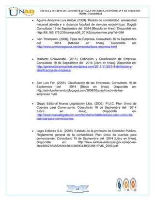 ESCUELA DE CIENCIAS ADMINISTRATIVAS, CONTABLES, ECONÓMICAS Y DE NEGOCIOS
102004: Contabilidad
1313
• Aguirre Arroyave Luis Aníbal, (2009). Modulo de contabilidad, universidad
nacional abierta y a distancia facultad de ciencias económicas, Bogotá
Consultado 19 de Septiembre del 2014 [Modulo en línea], Disponible en:
http://66.165.175.239/campus09_20142/course/view.php?id=39#
• Iván Thompson. (2006). Tipos de Empresa, Consultado 18 de Septiembre
del 2014 [Articulo en línea], Disponible en:
http://www.promonegocios.net/empresa/tipos-empresa.html
• Idalberto Chiavenato. (2011). Definición y Clasificación de Empresa.
Consultado 19 de Septiembre del 2014 [Libro en línea], Disponible en:
http://generacionproyectos.wordpress.com/2011/11/29/1-4-definicion-y-
clasificacion-de-empresa/
• San Luis Fer. (2008). Clasificación de las Empresas. Consultado 18 de
Septiembre del 2014 [Blogs en línea], Disponible en:
http://admluisfernando.blogspot.com/2008/03/clasificacin-de-las-
empresas.html
• Grupo Editorial Nueva Legislación Ltda. (2009). P.U.C. Plan Único de
Cuentas para Comerciante. Consultado 18 de Septiembre del 2014
[Libro en línea], Disponible en:
http://www.nuevalegislacion.com/tienda/contabilidad/puc-plan-unico-de-
cuentas-para-comerciantes.
• Legis Editores S.A. (2008). Estatuto de la profesión de Contador Público,
Reglamento general de la contabilidad, Plan único de cuentas para
comerciantes. Consultado 19 de Septiembre del 2014 [Libro en línea],
Disponible en: http://www.sanluis-antioquia.gov.co/apc-aa-
files/66623536626564363638393430363561/PUC_2008.pdf
 