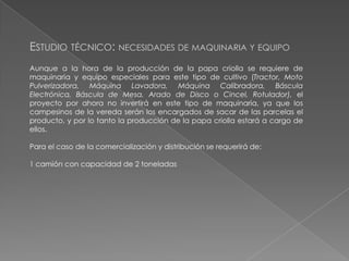 ESTUDIO TÉCNICO: NECESIDADES DE MAQUINARIA Y EQUIPO
Aunque a la hora de la producción de la papa criolla se requiere de
maquinaria y equipo especiales para este tipo de cultivo (Tractor, Moto
Pulverizadora, Máquina Lavadora, Máquina Calibradora, Báscula
Electrónica, Báscula de Mesa, Arado de Disco o Cincel, Rotulador), el
proyecto por ahora no invertirá en este tipo de maquinaria, ya que los
campesinos de la vereda serán los encargados de sacar de las parcelas el
producto, y por lo tanto la producción de la papa criolla estará a cargo de
ellos.
Para el caso de la comercialización y distribución se requerirá de:
1 camión con capacidad de 2 toneladas

 