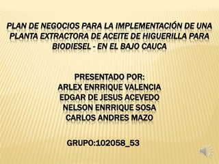 PLAN DE NEGOCIOS PARA LA IMPLEMENTACIÓN DE UNA
PLANTA EXTRACTORA DE ACEITE DE HIGUERILLA PARA
BIODIESEL - EN EL BAJO CAUCA

PRESENTADO POR:
ARLEX ENRRIQUE VALENCIA
EDGAR DE JESUS ACEVEDO
NELSON ENRRIQUE SOSA
CARLOS ANDRES MAZO
GRUPO:102058_53

 