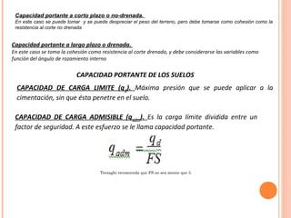 Capacidad portante a corto plazo o no-drenada. 
En este caso se puede tomar y se puede despreciar el peso del terreno, pero debe tomarse como cohesión como la 
resistencia al corte no drenada 
Capacidad portante a largo plazo o drenada. 
En este caso se toma la cohesión como resistencia al corte drenado, y debe considerarse las variables como 
función del ángulo de rozamiento interno 
CAPACIDAD PORTANTE DE LOS SUELOS 
CAPACIDAD DE CARGA LIMITE (qd). Máxima presión que se puede aplicar a la 
cimentación, sin que ésta penetre en el suelo. 
CAPACIDAD DE CARGA ADMISIBLE (qadm). Es la carga límite dividida entre un 
factor de seguridad. A este esfuerzo se le llama capacidad portante. 
Terzaghi recomienda que FS no sea menor que 3. 
 