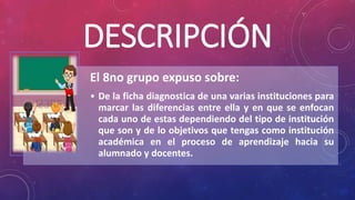 DESCRIPCIÓN
El 8no grupo expuso sobre:
• De la ficha diagnostica de una varias instituciones para
marcar las diferencias entre ella y en que se enfocan
cada uno de estas dependiendo del tipo de institución
que son y de lo objetivos que tengas como institución
académica en el proceso de aprendizaje hacia su
alumnado y docentes.
 