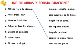 UNE PALABRAS Y FORMA ORACIONES
Alfredo va a la piscina
Ayer probé kiwi
Martina irá al cine
Felipe se lava los dientes
Llevaré el paraguas
Pablo tiene
El perro y el gato
mientras escucha música.
para cubrirme de la lluvia.
juegan en el patio.
dos juguetes nuevos.
después de clases.
porque le gusta nadar.
pero no me gustó.
1
5
4
3
2
7
6
 