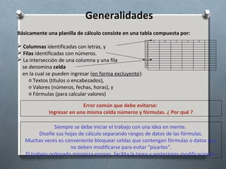 Generalidades
Básicamente una planilla de cálculo consiste en una tabla compuesta por:
A

 Columnas identificadas con letras, y
 Filas identificadas con números.
 La intersección de una columna y una fila
se denomina celda
en la cual se pueden ingresar (en forma excluyente):
o Textos (títulos o encabezados),
o Valores (números, fechas, horas), y
o Fórmulas (para calcular valores)

B

C

D

E

…

1
2
3
4
5
6
7
8
9
10
11
…

Error común que debe evitarse:
Ingresar en una misma celda números y fórmulas. ¿ Por qué ?
Siempre se debe iniciar el trabajo con una idea en mente.
Diseñe sus hojas de cálculo separando rangos de datos de las fórmulas.
Muchas veces es conveniente bloquear celdas que contengan fórmulas o datos que
no deben modificarse para evitar “pisarlos”.
El trabajo ordenado minimiza errores, facilita la tarea y posteriores modificaciones.

 