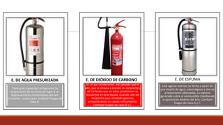 Tiene gran capacidad refrigerante.La
evaporación de la misma da lugar a un
desplazamiento momentáneo del aire
circulante. Usados para combatir fuegos de
clase A.
E. DE AGUA PRESURIZADA
Es un gas incoburente, más pesado que el
aire, que se envasa a presión en recipientes,
de tal forma que en estas condiciones se
encuentra en fase líquida. Cuando sale del
recipiente pasa al estado gaseoso,
produciéndose un rápido enfriamiento.
Combate fuegos de clase B y C.
E. DE DIÓXIDO DE CARBONO
Este agente extintor se forma a partir de
una mezcla de agua, espumógeno y aire en
proporciones adecuadas. La espuma
generada cubre al combustible impidiendo
la aportación exterior del aire. Combate
fuegos de clase A y C.
E. DE ESPUMA
 