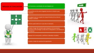 BRIGADA DE EVACUACION Las funciones y actividades de esta brigada son:
Se coordina con las otras brigadas durante el siniestro para
apoyarse.
Se asegura que se cumplan los requerimientos de su área en
calidad y cantidad.
Solicita ayuda externa en caso de ser necesario.
Acuden al lugar del siniestro para empezar con las acciones
necesarias para proteger la vida de los trabajadores y los bienes de
la empresa.
Apoyan en la evacuación y verifican el desalojo completo.
Acuden a todas las sesiones de capacitación
 