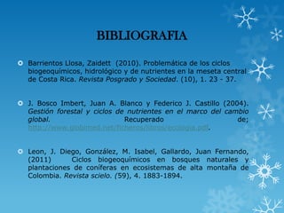 BIBLIOGRAFIA
 Barrientos Llosa, Zaidett (2010). Problemática de los ciclos
biogeoquímicos, hidrológico y de nutrientes en la meseta central
de Costa Rica. Revista Posgrado y Sociedad. (10), 1. 23 - 37.
 J. Bosco Imbert, Juan A. Blanco y Federico J. Castillo (2004).
Gestión forestal y ciclos de nutrientes en el marco del cambio
global.
Recuperado
de;
http://www.globimed.net/ficheros/libros/ecologia.pdf.
 Leon, J. Diego, González, M. Isabel, Gallardo, Juan Fernando,
(2011)
Ciclos biogeoquímicos en bosques naturales y
plantaciones de coníferas en ecosistemas de alta montaña de
Colombia. Revista scielo. (59), 4. 1883-1894.

 