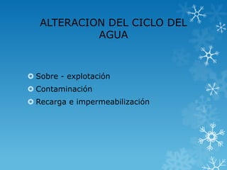 ALTERACION DEL CICLO DEL
AGUA

 Sobre - explotación
 Contaminación

 Recarga e impermeabilización

 