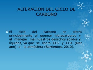 ALTERACION DEL CICLO DE
CARBONO

 El
ciclo
del
carbono
se
altera
principalmente al quemar hidrocarburos y
al manejar mal nuestros desechos sólidos y
líquidos, ya que se libera CO2 y CH4 (Met
ano) a la atmósfera (Barrientos, 2010).

 
