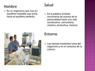 Hombre


Es un organismo que vive en
equilibrio inestable que lucha
hacia el equilibrio perfecto.

Salud


Es la palabra símbolo,
movimiento de avance de la
personalidad hacia una vida
constructiva, comunitaria,
creativa, productiva, madura.

Entorno


Las fuerzas existentes fuera del
organismo y en el contexto de la
cultura.

 