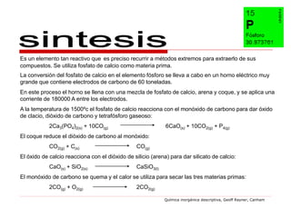 Es un elemento tan reactivo que es preciso recurrir a métodos extremos para extraerlo de sus
compuestos. Se utiliza fosfato de calcio como materia prima.
La conversión del fosfato de calcio en el elemento fósforo se lleva a cabo en un horno eléctrico muy
grande que contiene electrodos de carbono de 60 toneladas.
En este proceso el horno se llena con una mezcla de fosfato de calcio, arena y coque, y se aplica una
corriente de 180000 A entre los electrodos.
A la temperatura de 1500ºc el fosfato de calcio reacciona con el monóxido de carbono para dar óxido
de clacio, dióxido de carbono y tetrafósforo gaseoso:
            2Ca3(PO4)2(s) + 10CO(g)                          6CaO(s) + 10CO2(g) + P4(g)
El coque reduce el dióxido de carbono al monóxido:
            CO2(g) + C(s)                        CO(g)
El óxido de calcio reacciona con el dióxido de silicio (arena) para dar silicato de calcio:
            CaO(s) + SiO2(s)                     CaSiO3(l)
El monóxido de carbono se quema y el calor se utiliza para secar las tres materias primas:
            2CO(g) + O2(g)                       2CO2(g)

                                                             Química inorgánica descriptiva, Geoff Rayner, Canham
 