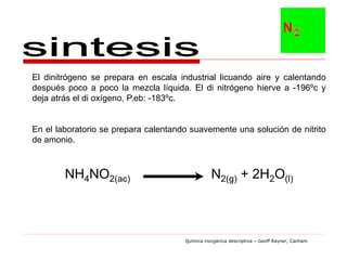 El dinitrógeno se prepara en escala industrial licuando aire y calentando
después poco a poco la mezcla líquida. El di nitrógeno hierve a -196ºc y
deja atrás el di oxígeno, P.eb: -183ºc.


En el laboratorio se prepara calentando suavemente una solución de nitrito
de amonio.



        NH4NO2(ac)                               N2(g) + 2H2O(l)



                                      Química inorgánica descriptiva – Geoff Rayner, Canham
 