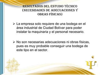 Resultados del estudio técnico
(necesidades de adecuaciones y
obras físicas)
 La empresa solo requiere de una bodega en el
área industrial de Ciudad Bolívar para poder
instalar la maquinaria y el personal necesario.
 No son necesarias adecuaciones ni obras físicas,
pues es muy probable conseguir una bodega de
este tipo en el sector.

 