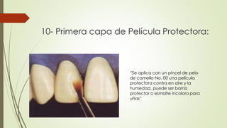 10- Primera capa de Película Protectora:
“Se aplica con un pincel de pelo
de camello No. 00 una película
protectora contra en aire y la
humedad, puede ser barniz
protector o esmalte incoloro para
uñas”
 