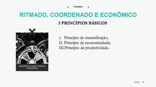 17
SLIDE
BY MIKOKIT F I L
-[ ]-
RITMADO, COORDENADO E ECONÔMICO
FORDISMO
-[ ]-
IMAGEM DO FILME TEMPOS
MODERNOS
I. Princípio de intensificação;
II. Princípio de economicidade;
III.Princípio de produtividade.
3 PRINCÍPIOS BÁSICOS
RITMADO, COORDENADO E ECONÔMICO
FORDISMO
-[ ]-
I. Princípio de intensificação;
II. Princípio de economicidade;
III.Princípio de produtividade.
3 PRINCÍPIOS BÁSICOS
 