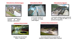 Hidroeléctrica Delsitanisagua. Hidroeléctrica Mazár Hidroeléctrica Agoyán
Se encuentra ubicada en la
provincia de Zamora
Chinchipe, cantón Zamora
Se encuentra ubicado en
la provincia de Cañar,
cantón Azogues.
Se encuentra ubicada la parte central del
país, cerca a la ciudad de Baños, en la
provincia de Tungurahua.
HIDROELECTRICA PUCARA
Ubicada en San José de Poaló
(Píllaro – Tungurahua)
HIDROELECTRICA MANDURIACU
Se encuentra ubicado en las provincias de
Pichincha e Imbabura, cantones Quito y Cotacachi.
 