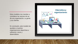 Estos modelos nos mandan a
considerar las razones de ser
de una organización, su gente
y sus clientes.
En conclusión, este modelo les
ayudara a nuestras
organizaciones deportivas a
sobrevivir, crecer y
desarrollarse.
 