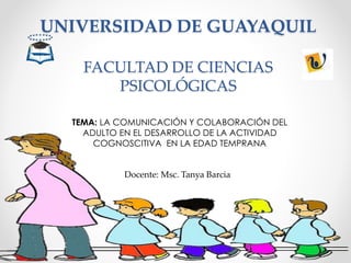 UNIVERSIDAD DE GUAYAQUIL
FACULTAD DE CIENCIAS
PSICOLÓGICAS
TEMA: LA COMUNICACIÓN Y COLABORACIÓN DEL
ADULTO EN EL DESARROLLO DE LA ACTIVIDAD
COGNOSCITIVA EN LA EDAD TEMPRANA
Docente: Msc. Tanya Barcia
 