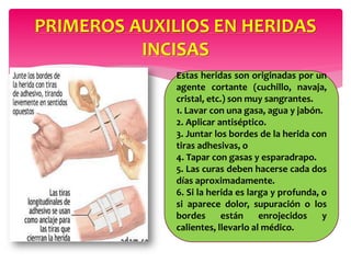 PRIMEROS AUXILIOS EN HERIDAS
INCISAS
Estas heridas son originadas por un
agente cortante (cuchillo, navaja,
cristal, etc.) son muy sangrantes.
1. Lavar con una gasa, agua y jabón.
2. Aplicar antiséptico.
3. Juntar los bordes de la herida con
tiras adhesivas, o
4. Tapar con gasas y esparadrapo.
5. Las curas deben hacerse cada dos
días aproximadamente.
6. Si la herida es larga y profunda, o
si aparece dolor, supuración o los
bordes están enrojecidos y
calientes, llevarlo al médico.
 
