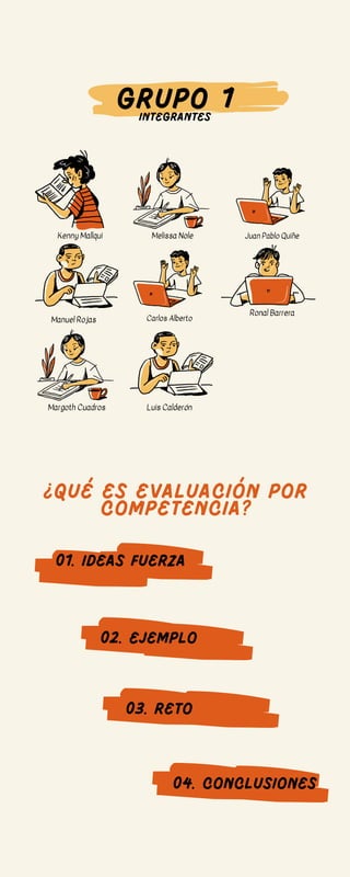 GRUPO 1
Manuel Rojas
iNTEGRANTES
Juan Pablo Quiñe
Kenny Mallqui
Ronal Barrera
Carlos Alberto
Melissa Nole
Margoth Cuadros Luis Calderón
¿Qué es evaluación por
competencia?
01. ideas fuerza
02. Ejemplo
03. Reto
04. conclusiones
 