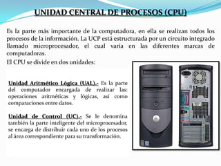 UNIDAD CENTRAL DE PROCESOS (CPU)
Es la parte más importante de la computadora, en ella se realizan todos los
procesos de la información. La UCP está estructurada por un circuito integrado
llamado microprocesador, el cual varía en las diferentes marcas de
computadoras.
El CPU se divide en dos unidades:
Unidad Aritmético Lógica (UAL).- Es la parte
del computador encargada de realizar las:
operaciones aritméticas y lógicas, así como
comparaciones entre datos.
Unidad de Control (UC).- Se le denomina
también la parte inteligente del microprocesador,
se encarga de distribuir cada uno de los procesos
al área correspondiente para su transformación.

 