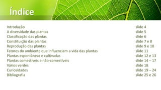 Índice
Introdução slide 4
A diversidade das plantas slide 5
Classificação das plantas slide 6
Constituição das plantas slide 7 e 8
Reprodução das plantas slide 9 e 10
Fatores do ambiente que influenciam a vida das plantas slide 11
Plantas espontâneas e cultivadas slide 12 e 13
Plantas comestíveis e não-comestíveis slide 14 – 17
Vários verdes slide 18
Curiosidades slide 19 – 24
Bibliografia slide 25 e 26
 