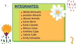 INTEGRANTES:
2
Aleida Aimacaña
Josselyn Almachi
Alisson Arévalo
Karen Berni
Karla Caicedo
Melany Caiza
Estefany Cajas
Valerie Calle
Emily Calvopiña
 