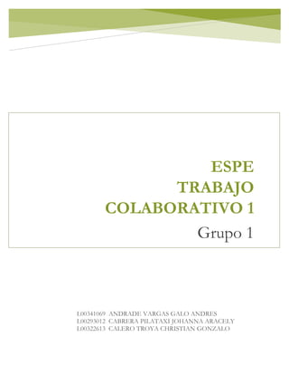 ESPE
TRABAJO
COLABORATIVO 1
Grupo 1
L00341069 ANDRADE VARGAS GALO ANDRES
L00293012 CABRERA PILATAXI JOHANNA ARACELY
L00322613 CALERO TROYA CHRISTIAN GONZALO
 