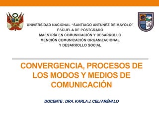 UNIVERSIDAD NACIONAL “SANTIAGO ANTUNEZ DE MAYOLO”
               ESCUELA DE POSTGRADO
       MAESTRÍA EN COMUNICACIÓN Y DESARROLLO
        MENCIÓN COMUNICACIÓN ORGANIZACIONAL
                Y DESARROLLO SOCIAL




CONVERGENCIA, PROCESOS DE
  LOS MODOS Y MEDIOS DE
      COMUNICACIÓN
         DOCENTE : DRA. KARLA J. CELI ARÉVALO
 