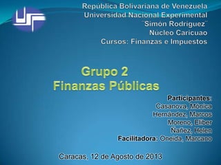 Participantes:
Casanova, Mónica
Hernández, Marcos
Moreno, Eliber
Ñañez, Helen
Facilitadora: Oneida, Marcano
Caracas, 12 de Agosto de 2013
 