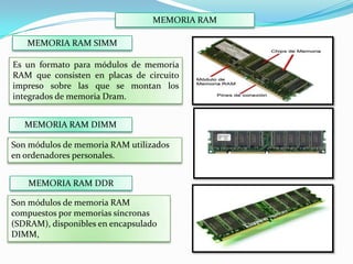 MEMORIA RAM

MEMORIA RAM SIMM
Es un formato para módulos de memoria
RAM que consisten en placas de circuito
impreso sobre las que se montan los
integrados de memoria Dram.
MEMORIA RAM DIMM
Son módulos de memoria RAM utilizados
en ordenadores personales.

MEMORIA RAM DDR
Son módulos de memoria RAM
compuestos por memorias síncronas
(SDRAM), disponibles en encapsulado
DIMM,

 