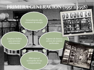 Generalmente alto
consumo de energía.
Ingreso de datos a
atreves de tarjetas
perforadas.
IBM tiene el
monopolio de las
computadoras
Emplean bulbos
para procesar
información
 