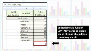 utilizaríamos la función
CONTAR y como se puede
ver se obtiene el resultado
correcto que es 8
 