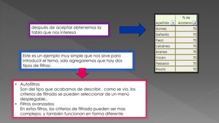 después de aceptar obtenemos la
tabla que nos interesa
Este es un ejemplo muy simple que nos sirve para
introducir el tema, solo agregaremos que hay dos
tipos de filtros:
• Autofiltros
Son del tipo que acabamos de describir, como se vio, los
criterios de filtrado se pueden seleccionar de un menú
desplegable..
• Filtros avanzados
En estos filtros, los criterios de filtrado pueden ser mas
complejos. y también funcionan en forma diferente
 