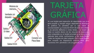 TARJETA
GRÁFICA
Es una tarjeta para expansión de capacidades que sirve
para procesar y otorgar mayor capacidad de despliegue
de gráficos en pantalla, por lo que libera al
microprocesador y a memoria RAM de estas actividades
y les permite dedicarse a otras tareas. La tarjeta de
video se inserta dentro de las ranuras de expansiono
slots integradas en la tarjeta principal y se atornilla al
gabinete para evitar movimientos y por ende fallas.
Todas las tarjetas de video integran uno o varios puertos
para conectar los dispositivos externos tales como
monitores CRT, pantallas LCD, proyectores, etc.
 