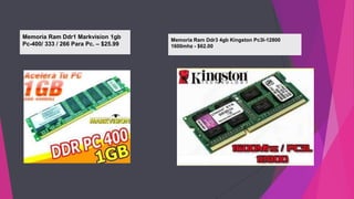 Memoria Ram Ddr1 Markvision 1gb
Pc-400/ 333 / 266 Para Pc. – $25.99
Memoria Ram Ddr3 4gb Kingston Pc3l-12800
1600mhz - $62.00
 