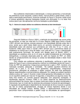 MOVIMENTUM - Revista Digital de Educação Física - Ipatinga: Unileste-MG - V.3 - N.1 – Fev./Jul. 2008.
6
Nos subfatores relacionados à lateralização, a criança apresentou a manutenção
da preferência ocular esquerda, auditiva direita, manual direita e pedal direita, antes e
após a estimulação psicomotora, conforme mostrado na Figura 3. Durante o teste inicial
a criança apresentou algumas hesitações ficando com pontuação 3 e no teste final
evoluiu para 4 por não apresentar nenhuma hesitação ou perturbação.
Fig. 3 – Valores de cotação obtidos nos subfatores referentes ao fator lateralização
Sub-Fator Antes PEP Após PEP
Auditivo DD DD
Ocular DE DE
Manual D D
Pedal D D
Segundo Gallahue e Ozmun (2001), a definição da lateralidade não ocorre antes
da pré-escola, ou seja, por volta dos 5 a 6 anos. Negrine (1986) apud Vieira e Cavalli
(1997) afirmam que poucas crianças possuem uma lateralidade definida antes dos 6
anos, sendo que a partir desta idade ocorre um aumento considerável, visto que a
lateralidade evolui até alcançar sua culminância por volta dos 10 ou 11 anos. Já
Guillarmé (1983) apud Vieira e Cavalli (1997) afirmam que a dominância lateral se
estabelece na criança aos 4 anos de idade, e por volta dos 6 a 7 anos, a lateralização
está praticamente terminada. De acordo com Bergés apud Lê Boulch (2001), a
lateralidade se estabiliza entre os 6 e 8 anos de idade.Considerando as informações
bibliográficas, a evolução observada pode ter, além do impacto do PEP, um efeito
devido ao amadurecimento da criança no campo da lateralidade desde o teste inicial
até o teste final.
Com relação aos subfatores referentes à equilibração, verifica-se a partir dos
dados da Figura 4 que a criança apresentou melhora na imobilidade saindo de 2 para 3.
Antes do PEP ela apresentou insegurança gravitacional e após o PEP, manteve uma
realização completa, adequada e controlada. No subfator equilíbrio dinâmico ela
passou de 2 para 3, no teste inicial apresentou reequilibrações, insegurança
gravitacional, alterações de amplitude e rigidez corporal. No teste final apresentou
ligeiras reequilibrações e controle dinâmico adequado. Em relação ao subfator equilíbrio
estático evoluiu de 1 para 2. Durante o teste inicial apresentou dificuldades em manter-
se em equilíbrio estático por mais de 10 segundos, e reequilibrou-se algumas vezes. No
teste final revelou um controle postural adequado, com pequenas oscilações. A
equilibração segundo Fonseca (1995) é um passo essencial do desenvolvimento
psiconeurológico da criança, logo um passo chave para todas as ações coordenadas e
intencionais, que no fundo são os alicerces dos processos humanos de aprendizagem.
A regulação da equilibração é dependente da manutenção do tônus muscular e quando
ela não se realiza apropriadamente, situação da criança hiperativa devido à sua
dificuldade de inibição motora, Barkley (2002), o desenvolvimento emocional e
psicomotor ficam comprometidos e podem surgir as dificuldades de aprendizagem.
Fator
Lateralização
3
4
 