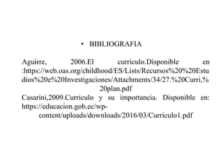 • BIBLIOGRAFIA
Aguirre, 2006.El curriculo.Disponible en
:https://web.oas.org/childhood/ES/Lists/Recursos%20%20Estu
dios%20e%20Investigaciones/Attachments/34/27.%20Curri,%
20plan.pdf
Casarini,2009.Curriculo y su importancia. Disponible en:
https://educacion.gob.ec/wp-
content/uploads/downloads/2016/03/Curriculo1.pdf
 